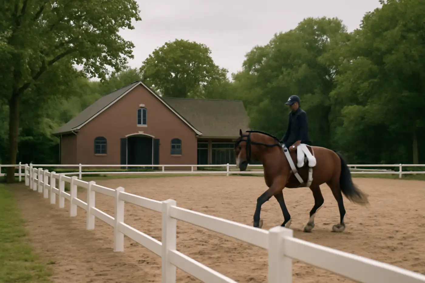 Ruiter en paard in een buitenbak bij een manege